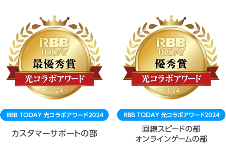 RBB TODAY 最優秀賞 光コラボアワード2024 カスタマーサポートの部、RBB TODAY 優秀賞 光コラボアワード2024 回線スピードの部 オンラインゲームの部
