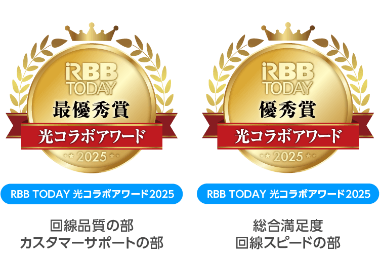RBB TODAY 最優秀賞　光コラボアワード2025　回線品質の部 カスタマーサポートの部、RBB TODAY 優秀賞　光コラボアワード2025　総合満足度 回線スピードの部