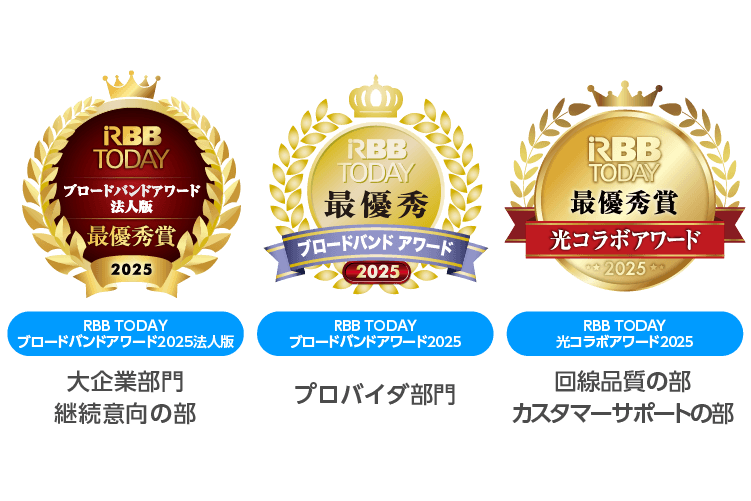 RBB TODAY ブロードバンドアワード法人版2025 最優秀賞（大企業部門／継続意向の部）, RBB TODAY ブロードバンドアワード2025 最優秀賞（プロバイダ部門）, RBB TODAY 光コラボアワード2025 最優秀賞（回線品質の部／カスタマーサポートの部）