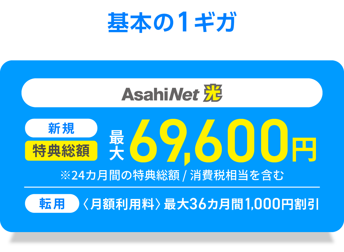 基本の1ギガ　AsahiNet 光 新規回線　特典総額最大69,600円　※24カ月間の特典総額／消費税相当を含む