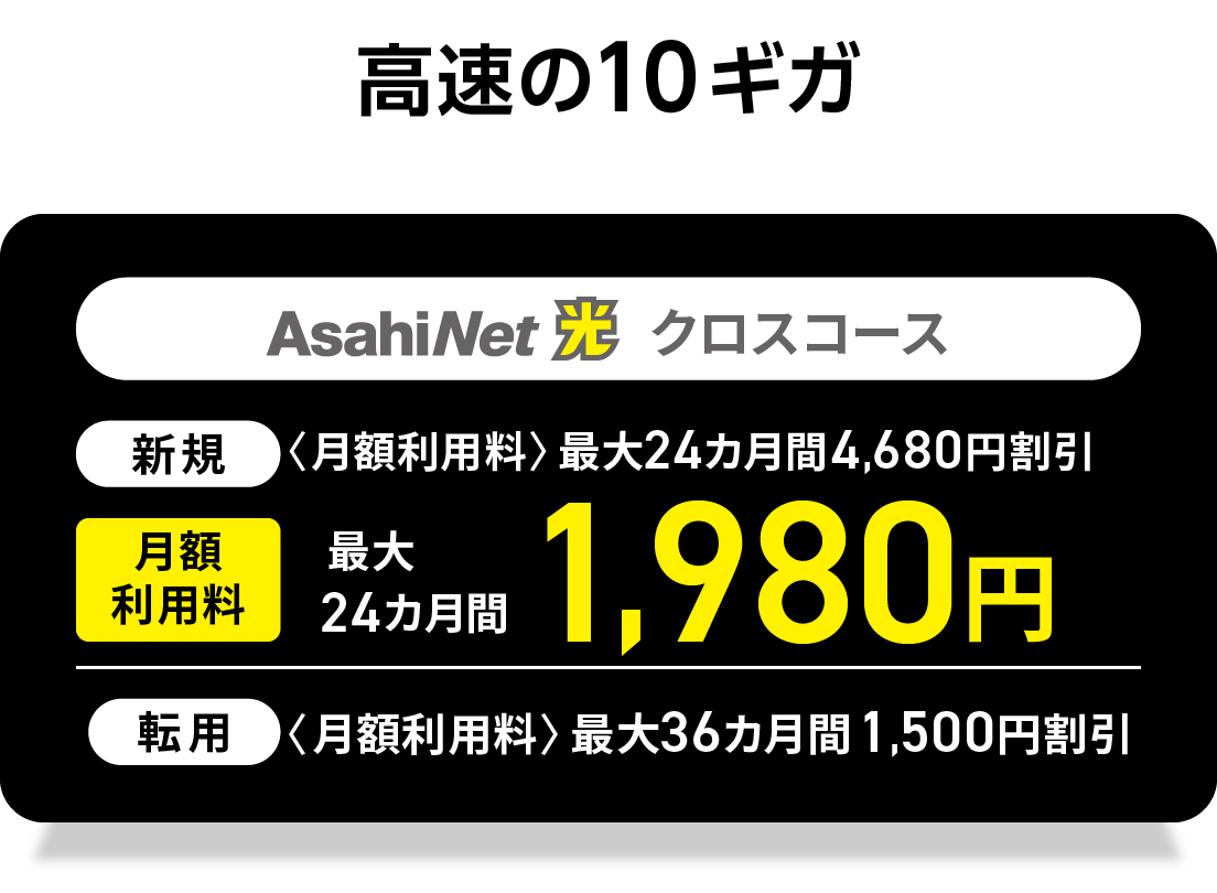 高速の10ギガ　AsahiNet 光 クロスコース 　新規回線で月額利用料が最大24カ月間1,980円　※4,680円割引が適用により