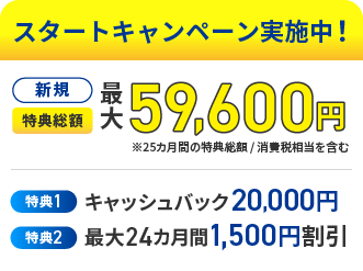 スタートキャンペーン実施中！ 2027年1月31日まで　新規　特典総額最大59,600円 ※25カ月間の特典総額/消費税相当を含む
