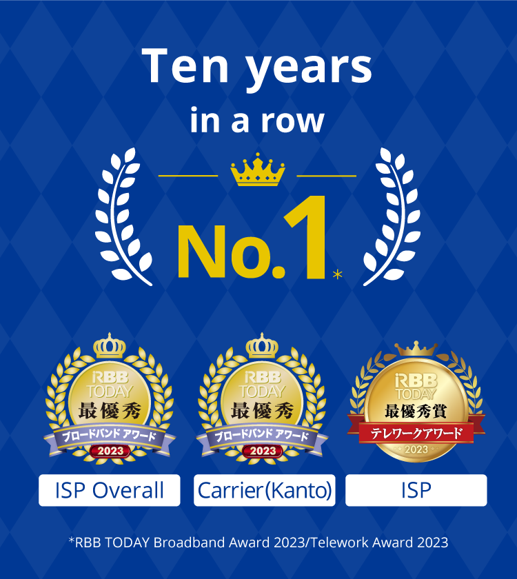 10 Years in a Row* | RBB TODAY Broadband Award 2023 ISP Category No.1, RBB TODAY Telework Award 2023 - Best ISP