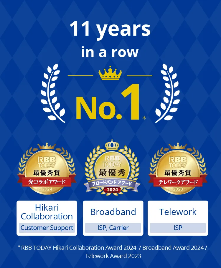 11 Years in a Row* | RBB TODAY Hikari Collaboration Award 2024 Customer Support Category No.1, RBB TODAY Broadband Award 2024 ISP, Carrier Category No.1, RBB TODAY Telework Award 2023 - Best ISP