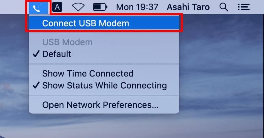 phone icon > Connect USB Modem