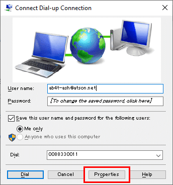 Connect Dial-up Connection > Properties
