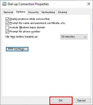 Dial-up Connection Properties > Options