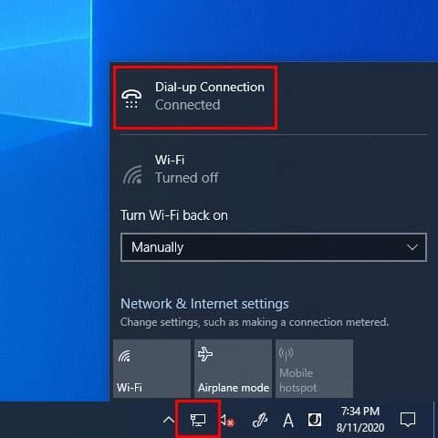 Network icon in the desktop > Dial-up Connection