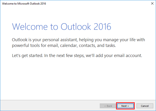 Welcome to Outlook 2016 screen
